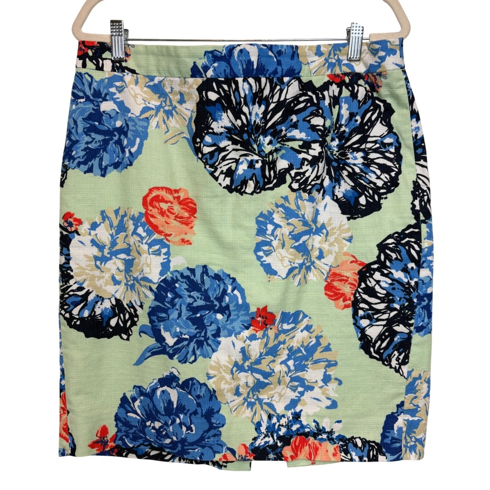 J.Crew The Pencil Skirt Floral Print 100% Cotton Green Blue Orange 12 Career